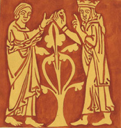 Pictorial tile of St Edward (Edward the Confessor) giving his ring to a beggar (Westminster Abbey)