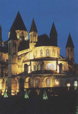 St Stephen's (St Etienne), Caen illuminated at night, some of the original tiles designs are in the archive